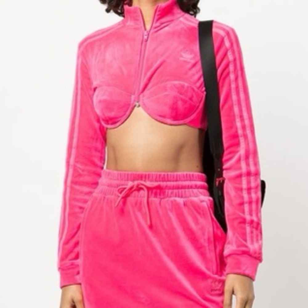 Adidas x Jeremy Scott Cropped Bustier Pink Velour Zip Track Jacket New Preppy, S - Picture 2 of 15